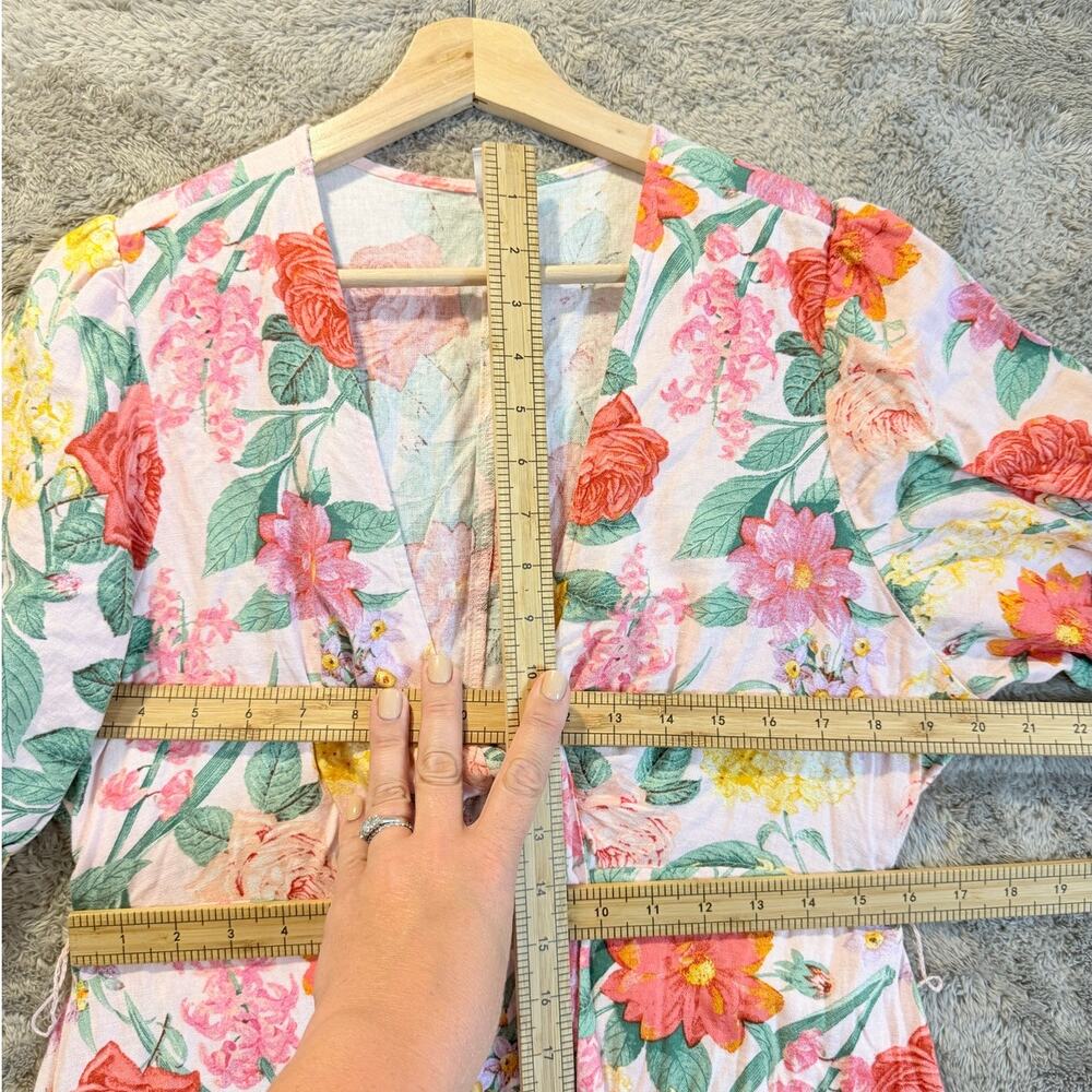 Old Navy Pink Floral Linen Midi Maxi Dress L Large Twist Tie Wrap Puff Sleeve - Picture 8 of 8